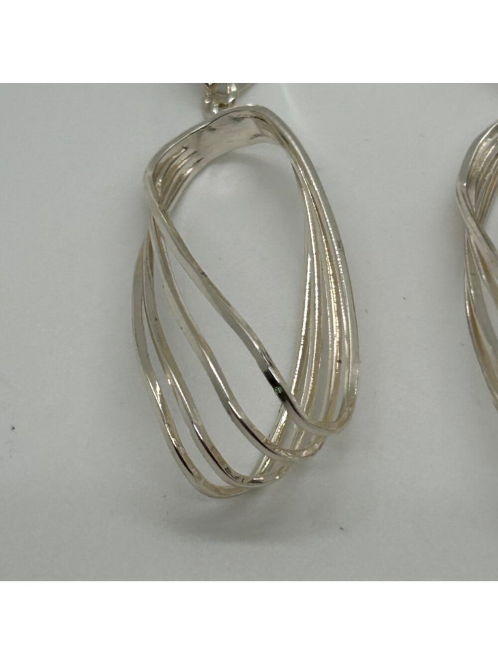 Silver Tone Geometric Dangle Earrings Layered Oval Twisted Hoop Design 2.5 inch - Picture 4 of 11